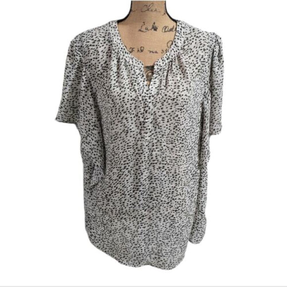 Chaps Plus Sz 2X Black White Dalmation Spot Print V Neck Blouse Shirt Top Women